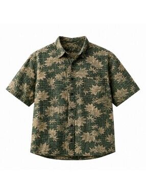 Vatpave Men's Green and Beige Leaf Print Short Sleeve Button-Up Shirt XL